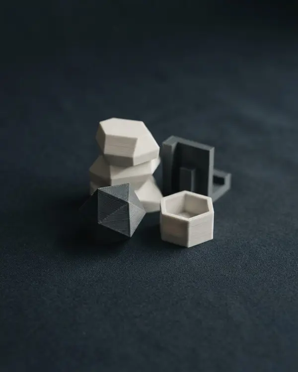 Conjunto de pequenos objetos geométricos impressos em 3D em cinza e off-white