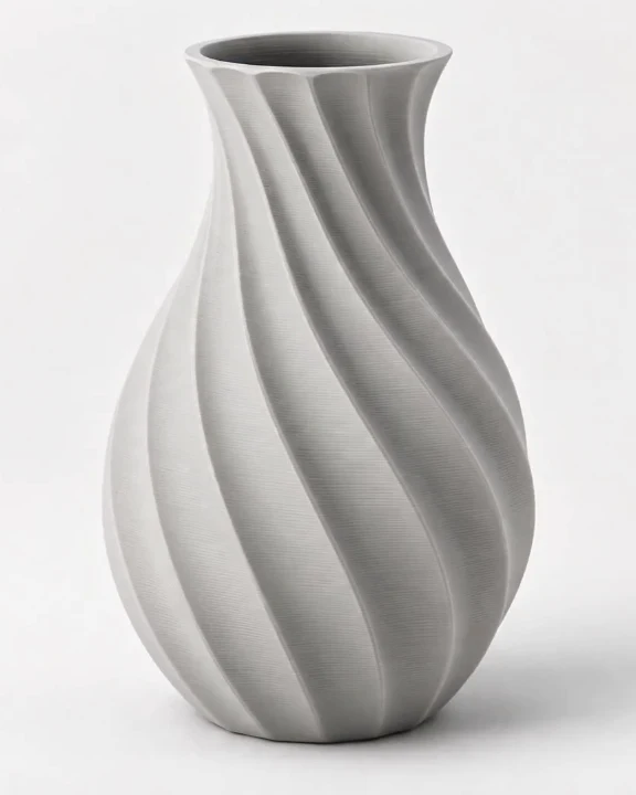Visualização conceitual de um vaso cinza com curvas em espiral e textura de impressão 3D.