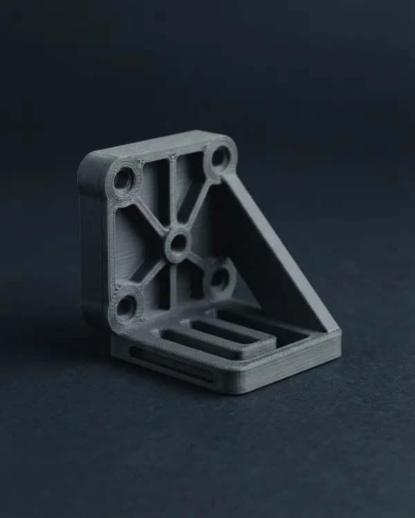 Suporte técnico impresso em 3D em filamento cinza, com furos e nervuras de reforço